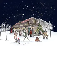 Der Gasteig HP8 stilisiert in Schnee. Bei Nacht und mit Musiker*innen und einem Weihnachtsbaum.